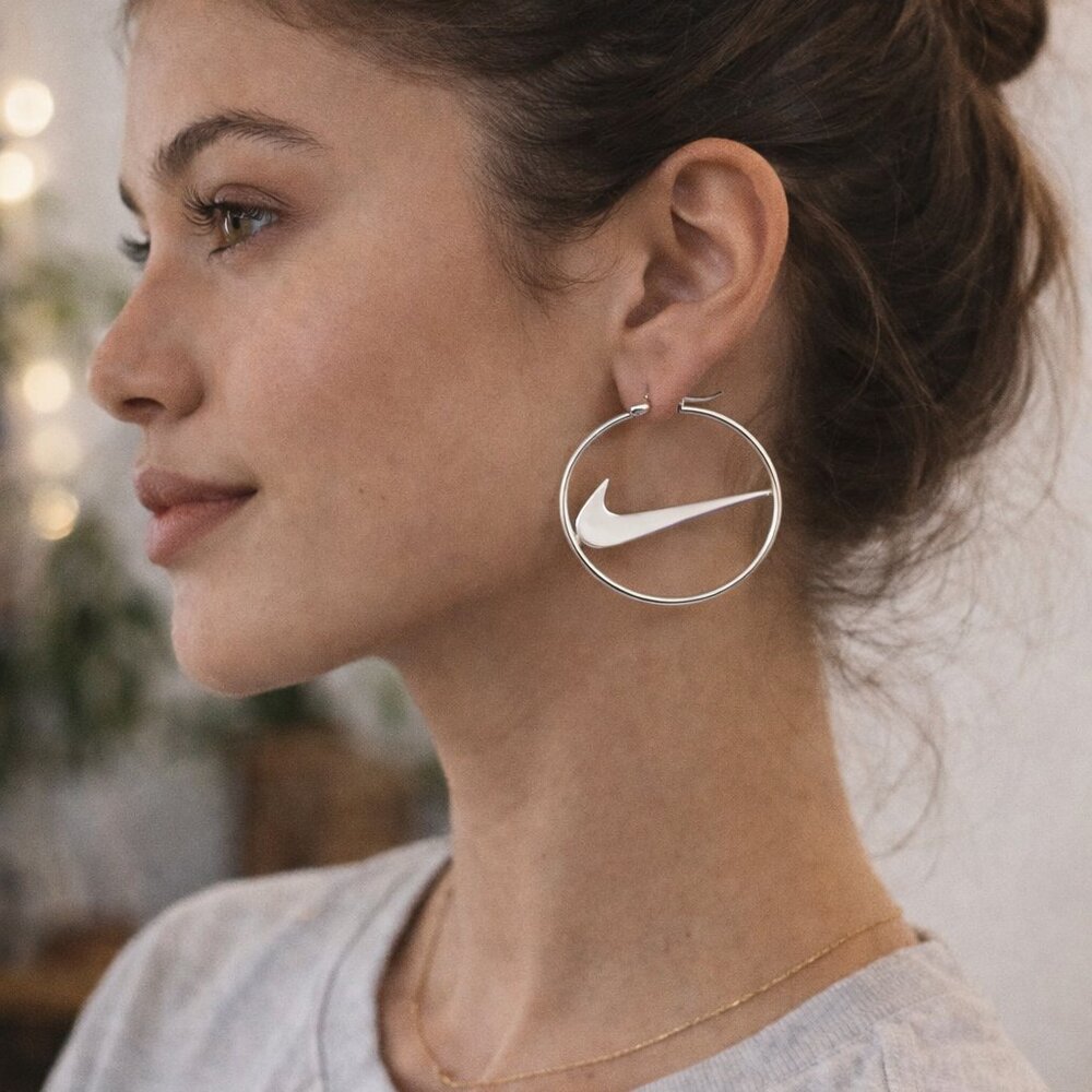 Nike Swoosh Silver - Plated‎ Metal Hoops Clasp Earrings, Pair, For Women …
